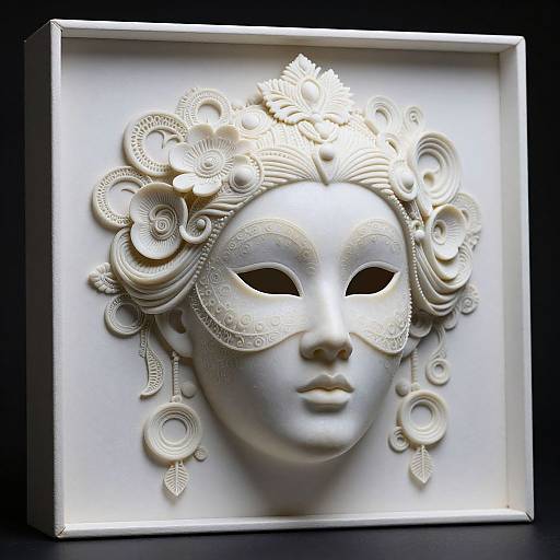 Artistic silver relief mask with intricate floral and circular patterns, featuring a serene face and ornate headdress, set in a square frame against a black