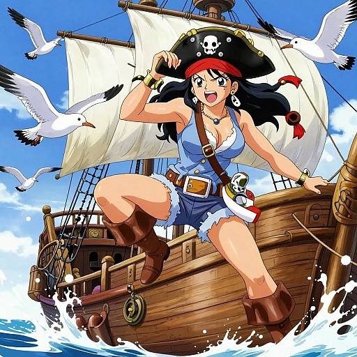 Colorful anime-style illustration of a pirate woman with black hair, blue tank top, and shorts, on a wooden ship, surrounded by seagulls