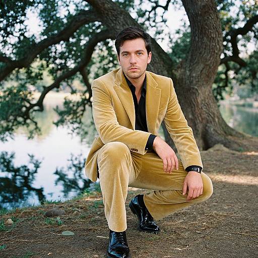 Photograph of a serious-looking man in a yellow velvet suit, black shirt, and black shoes, squatting outdoors by a tree and lake.