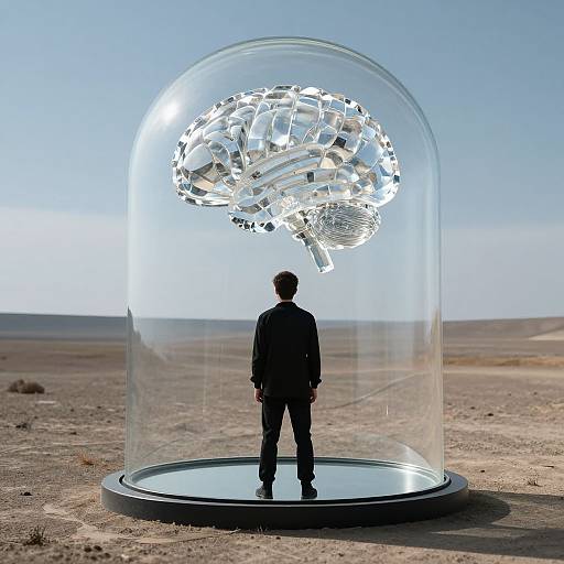 Man Gazing at Floating Crystal Brain