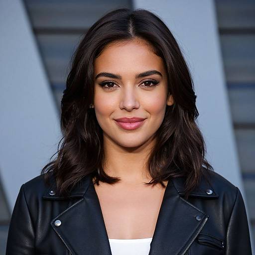 Photograph of a young woman with medium-length dark brown hair, wearing a black leather jacket over a white top, smiling subtly, set against a blurred