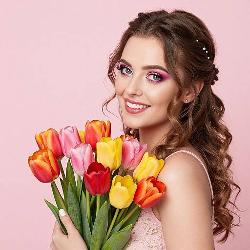 Photograph of a smiling woman with long, wavy brown hair, wearing pink eyeshadow and a white lace top, holding a bouquet of red