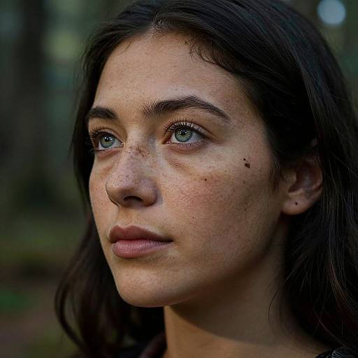 Photograph of a young woman with fair skin, blue eyes, dark brown wavy hair, freckles, and small moles, looking thought