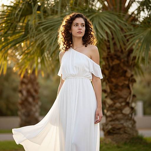 Photograph of a curly-haired woman with light olive skin, wearing a flowing white off-shoulder dress, standing in front of palm trees at sunset