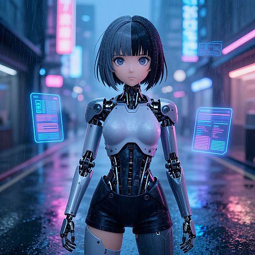 Digital artwork of a futuristic, blue-eyed, black-haired, robotic girl with glowing neon screens, in a neon-lit, rainy city street.