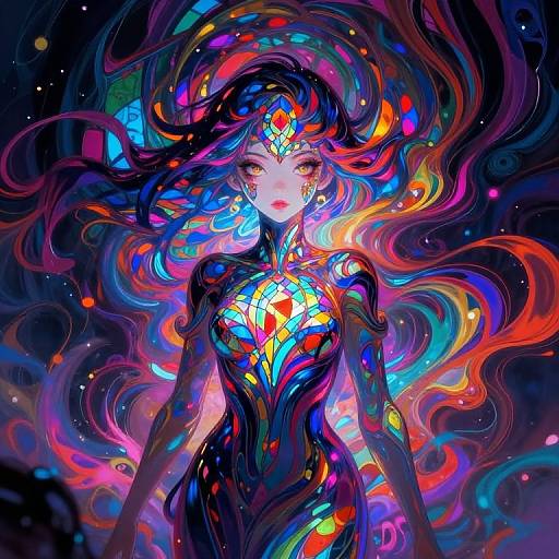 Digital art of a glowing, ethereal woman with vibrant, swirling multicolored hair and outfit, set against a dark, cosmic background. Her face