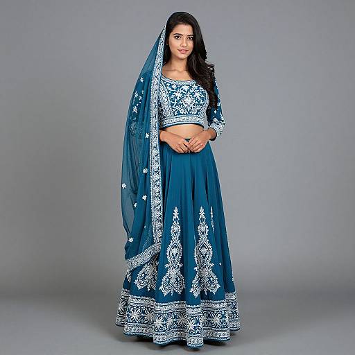 Photograph of a South Asian woman with long black hair, wearing a blue and white embroidered traditional lehenga and dupatta, standing against a plain gray