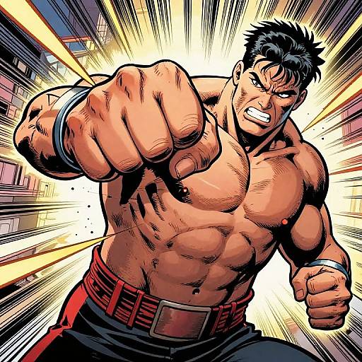 Muscular, shirtless anime man with black hair, clenched fist, intense expression, and red belt, set against dynamic, radiating background.