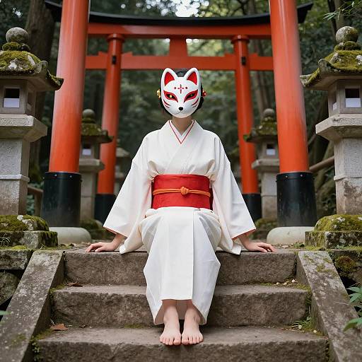 Woman in Fox Mask Sitting at Torii Gates