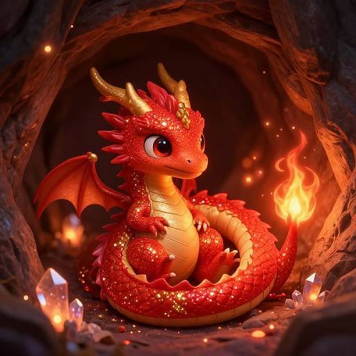CGI image of a cute, small red dragon with yellow horns and wings, sitting in a rocky cave with glowing crystals and a small fire on its