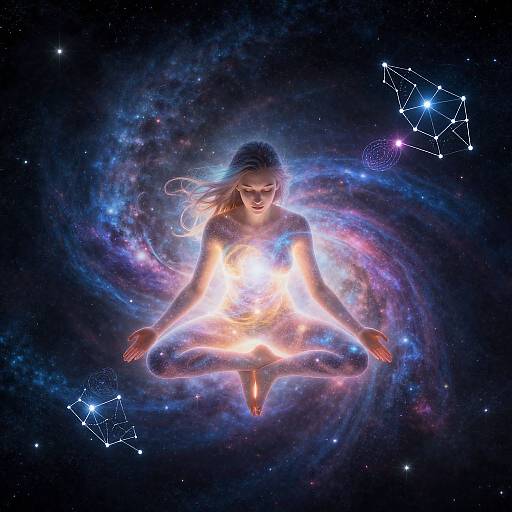 Digital artwork of a serene, blonde woman meditating in lotus position, surrounded by a glowing, colorful nebula and star constellations.