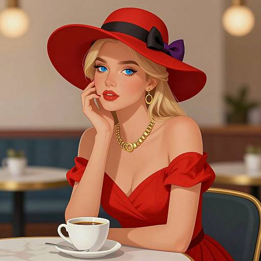 Elegant Woman in Red Dress with Coffee