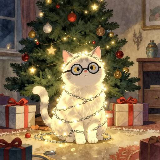 Whimsical digital painting of a white cat with glasses, glowing with fairy lights, sitting in front of a decorated Christmas tree with gifts and ornaments in