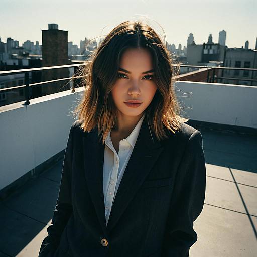 Young Woman with Middle Part Hairstyle in Casual Suit on Rooftop