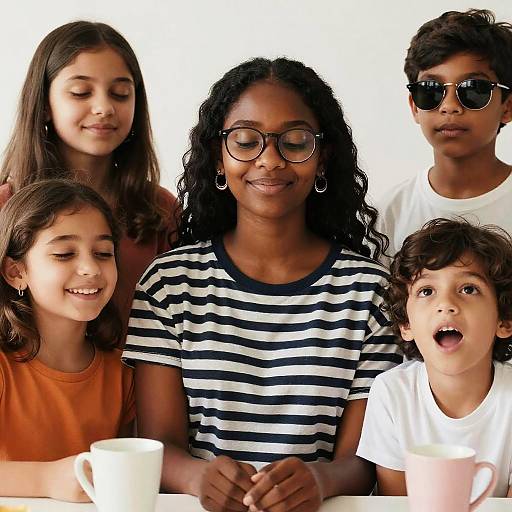Realistic Group Scene: Striped Shirts & Jewelry