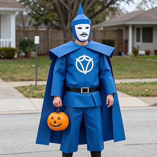 Photograph of a person in a blue superhero costume with a white mask, holding an orange Halloween pumpkin bucket, standing on a suburban street.