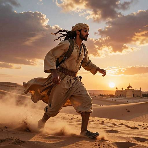 Photograph: Bearded man with dreadlocks, wearing tan traditional attire, runs through sandy desert at sunset, with dramatic clouds and distant buildings in background