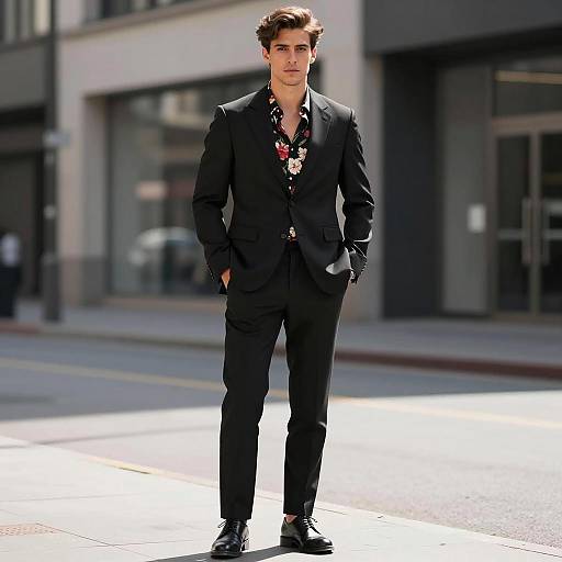 Man in Black Suit with Floral Shirt