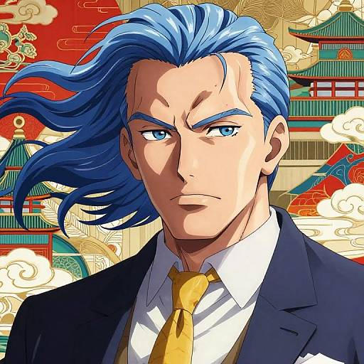 Digital anime-style portrait of a stern, blue-haired man with sharp eyes, wearing a black suit and yellow tie, against a vibrant, cloud-filled,