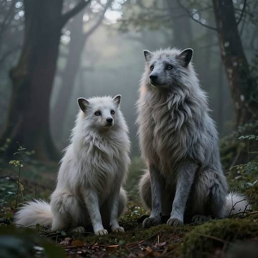 Photograph of two white, fluffy wolves with blue eyes sitting in a misty forest, side by side, looking forward. Soft, natural light filters
