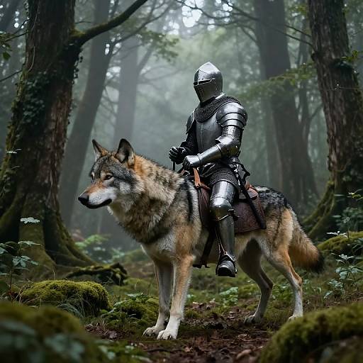 Knight Riding Timber Wolf in Mystical Forest