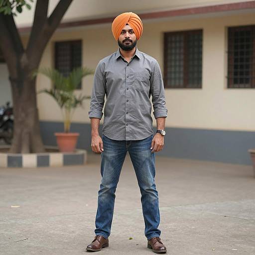 Indian Man in Orange Turban and Casual Attire