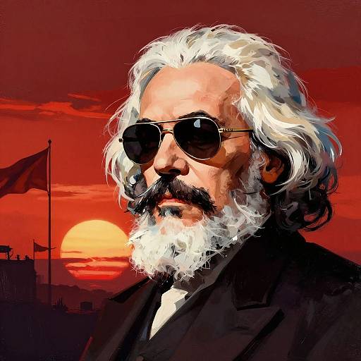 Digital painting of an older white man with white hair, black sunglasses, and beard, against a red sunset background with flags.