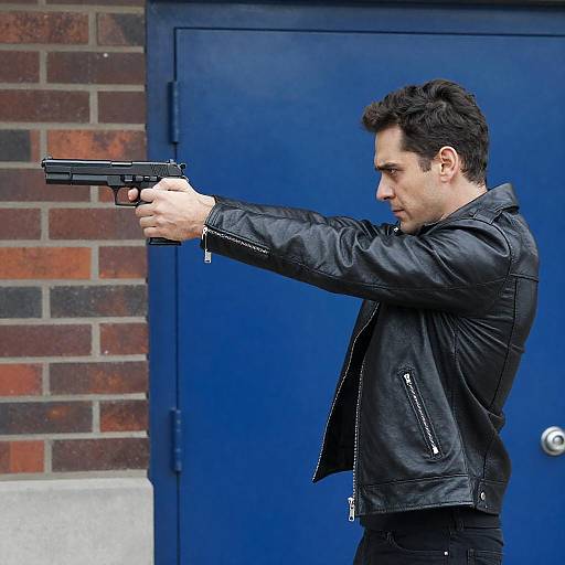 Intense Man Aiming Handgun at Door