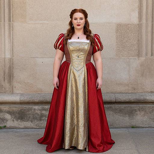 Photograph of a fair-skinned woman with red hair in a 16th-century-style red and gold gown, standing against a stone wall. She