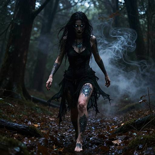 Ghostly Huntress with Glowing Tattoos in Forest