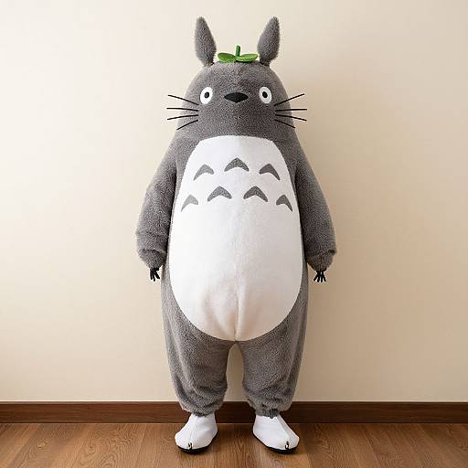 Photograph of a person wearing a plush Totoro costume with gray fur, white belly, black whiskers, and green leaf on head, standing