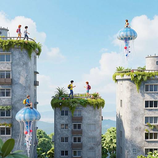 Children Riding Jellyfish Amid Gravity Shift