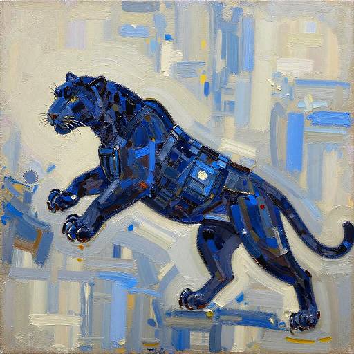 Digital abstract painting of a blue, mechanical panther with glowing accents, set against a white and blue geometric background.