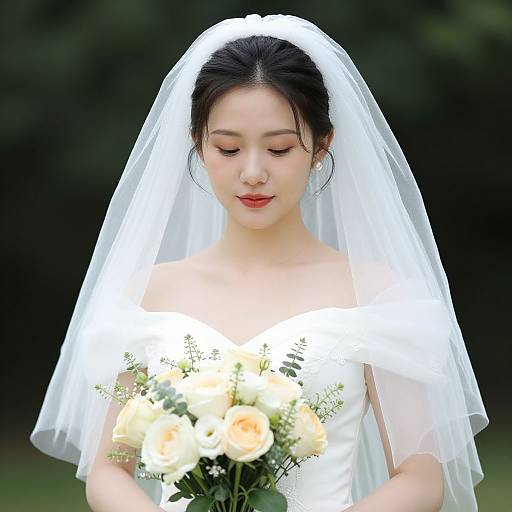 Bride in White Wedding Dress with Bouquet