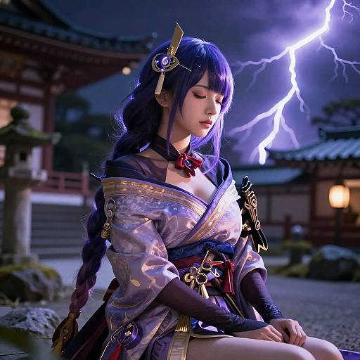 Digital art of a beautiful Asian woman with long purple hair, wearing a detailed kimono, sitting in a stormy night garden, lightning illuminating her