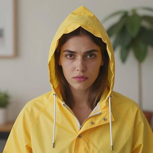 Woman in Yellow Raincoat with Hood