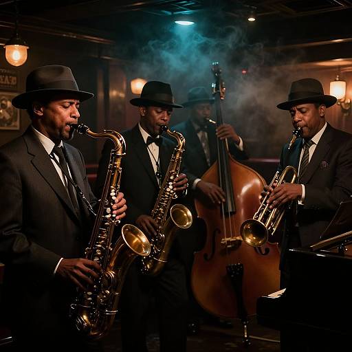 Photograph of three Black male jazz musicians in black suits and hats, playing saxophone, bass, and trumpet in smoky, dimly-lit