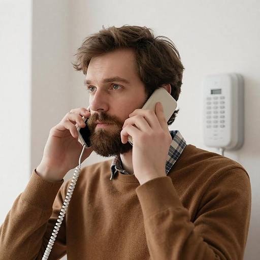 Bearded Man Holding Corded Phone