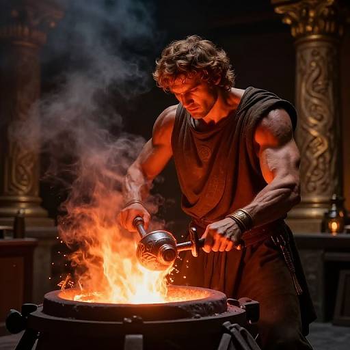 Photograph of a muscular, bearded man in ancient Greek-style black tunic, pouring oil into a fiery forge, surrounded by dark, ornate