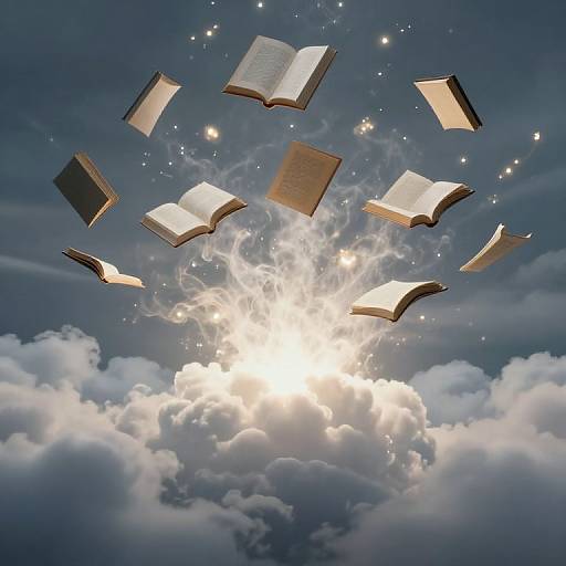 Magical photograph of open books floating in the sky above radiant sunburst, surrounded by glowing stars and fluffy clouds.
