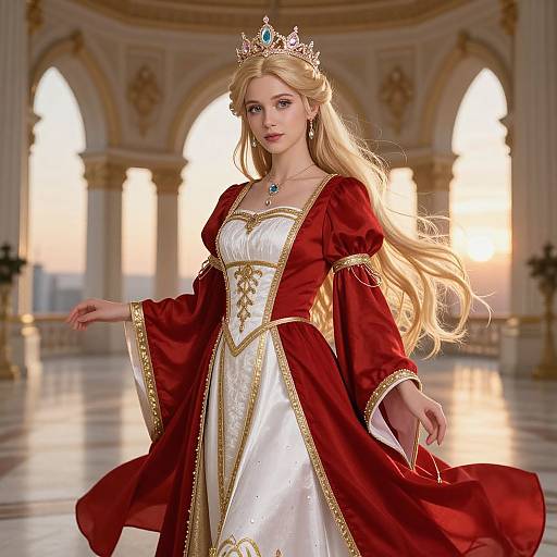 Regal Woman in Red and White Medieval Dress