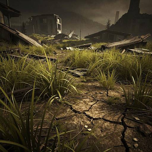 Abandoned, overgrown grassy ruin with cracked, sunlit ground; dilapidated buildings in shadow, misty mountains in background, eerie,