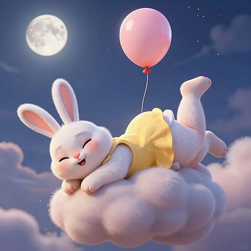 Cute CGI white bunny in yellow dress floats on cloud, holding pink balloon, under full moon and starry night sky.