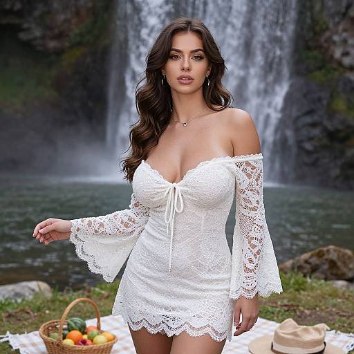 Photograph of a beautiful woman with long dark hair in a white lace off-shoulder dress, standing in front of a waterfall, with a picnic