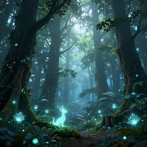Magical forest scene with glowing blue fireflies, ethereal light filtering through tall trees, and luminous blue orbs on mossy forest floor. Digital