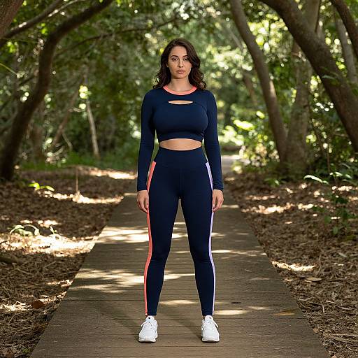 Photograph of a young woman with curly dark hair, wearing a navy crop top and matching leggings with orange stripes, standing on a wooded path in bright