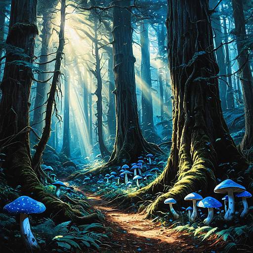 Mystical Ancient Forest with Glowing Blue Mushrooms