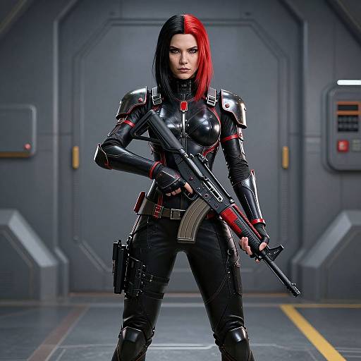 Photorealistic CGI of a fierce, red-haired woman in black, glossy tactical armor, holding a rifle, standing in a futuristic gray corridor.