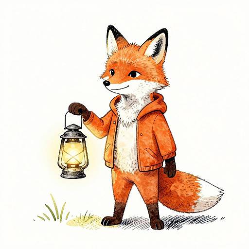 Cute digital illustration of an anthropomorphic fox in an orange hoodie, holding a glowing lantern, standing on grass.