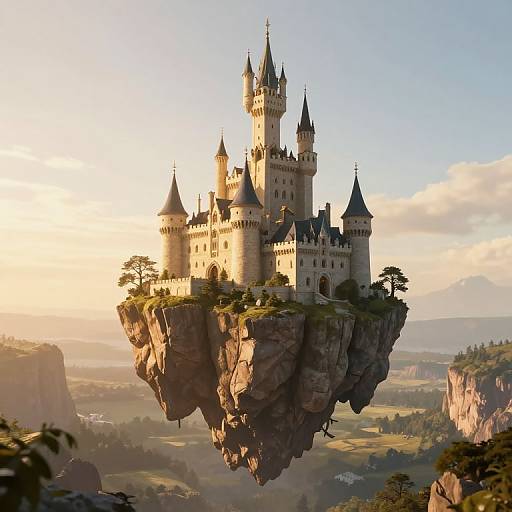 Photorealistic CGI of a majestic floating castle with multiple turrets, perched on a rocky cliff amidst a lush, sunlit valley.